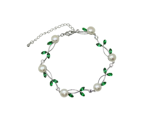 Faship Green CZ Crystal Genuine Freshwater Pearls Floral Bracelet 7.5" - 9.5" - Green/Matching Bracelet