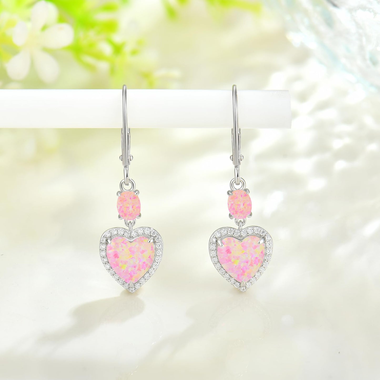 FYNSBLE Pink Heart Opal Earrings for Women Sterling Silver Gemstone Leverback Earrings Hypoallergenic Jewelry for Women