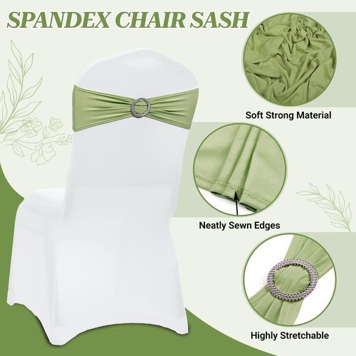 MDS Spandex Chair Sashes - Premium Stretch Covers with Buckle Slider | Universal Fit for Weddings & Events - Sage Green, Pack of 75