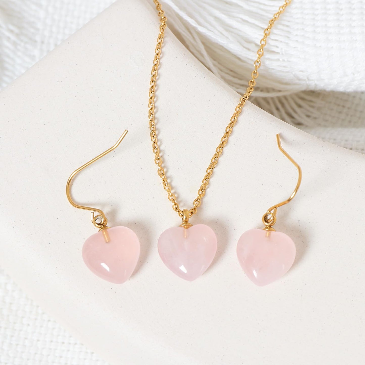TaYolnFaSo Natural Heart Rose Quartz Jewelry Set for Women 18K Gold Plated Dainty Cute Rose Quartz Earrings and Necklace Set Birthday Gifts