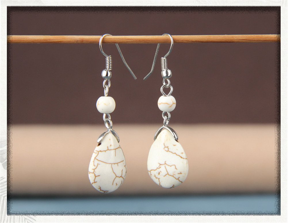 Double Lapis Lazuli Drop Earrings Natural Stone Round Bead Dangle Earrings for Women Fashion Jewelry Gift¡­ (G:white)