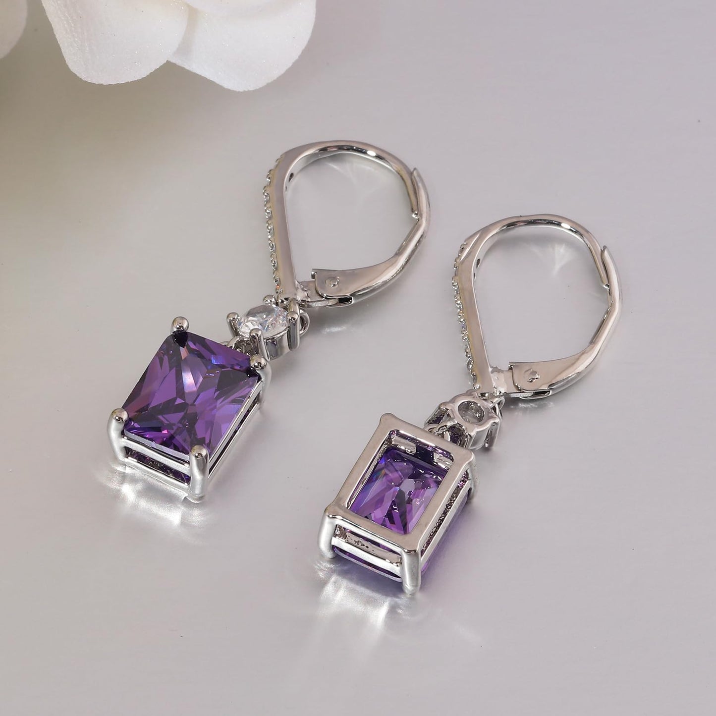 CiNily Rectangular-cut Drop Dangle Earrings Hypoallergenic, 14K White Gold Plated Purple Cubic Zircon Earrings Diamond Dangle Earrings Jewelry Wedding