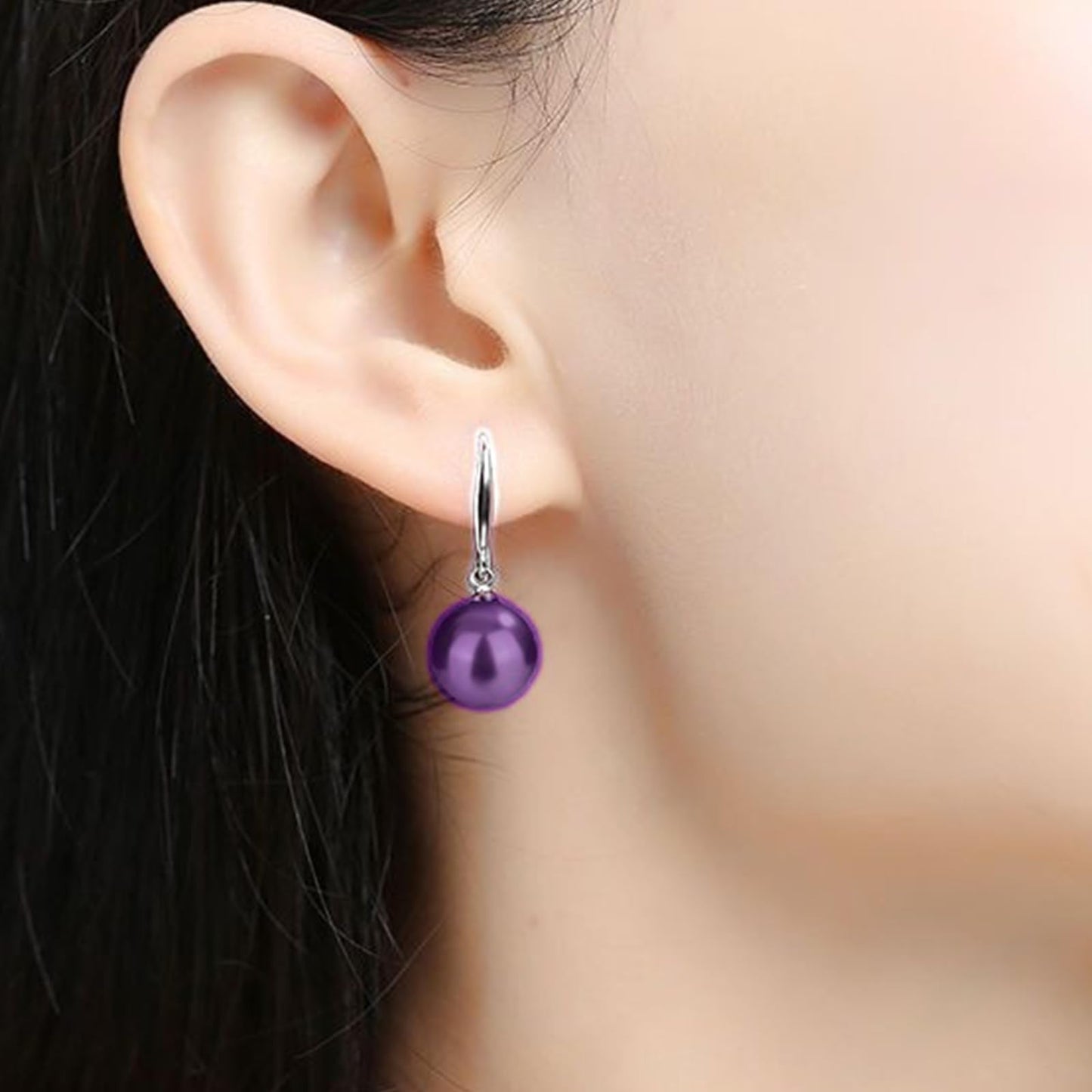 12mm Natural Ocean Pearl Freshwater Cultured Colorful Simulated Beads Drop Dangle Earrings Elegant Birthday Wedding Party Costume Prom Statement Jewelry for Women-purple