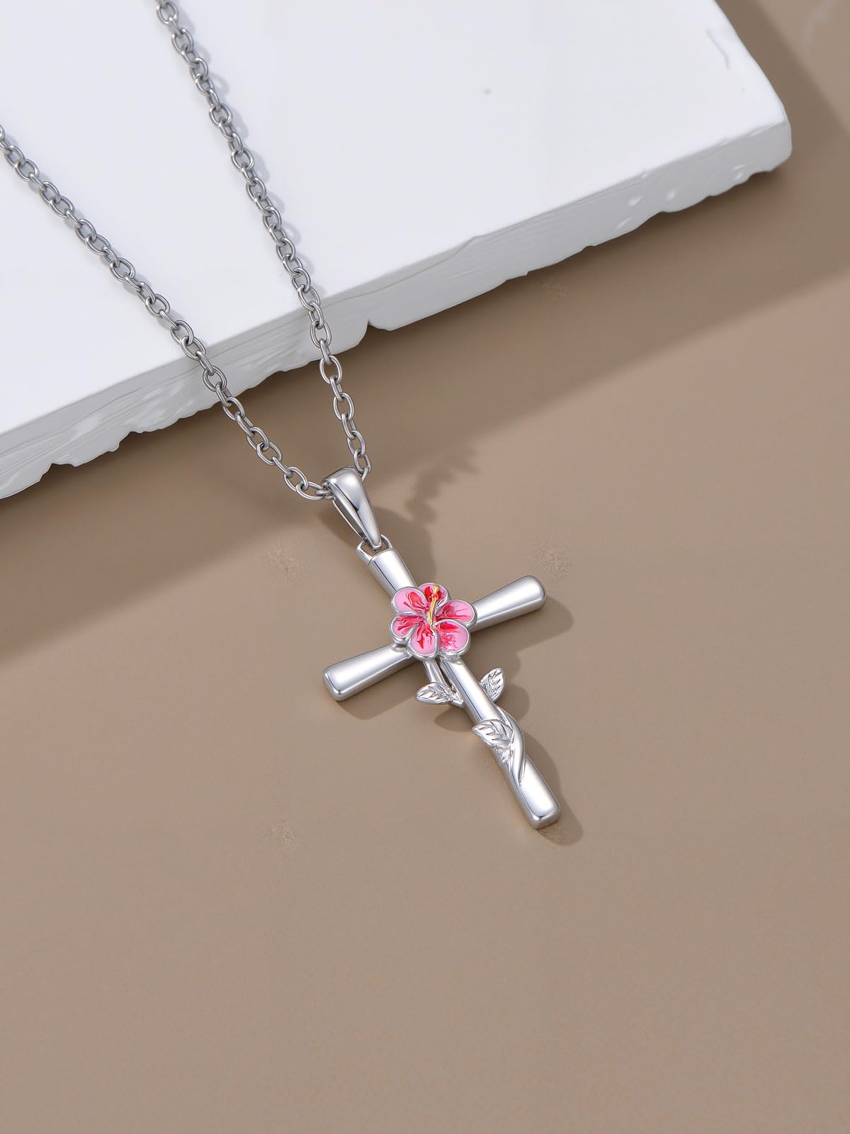 Cargari Hibiscus Cross Necklace for Women 925 Sterling Silver Birth Flower Pendant Hibiscus Flower Necklace Jewelry Floral Gifts for Women