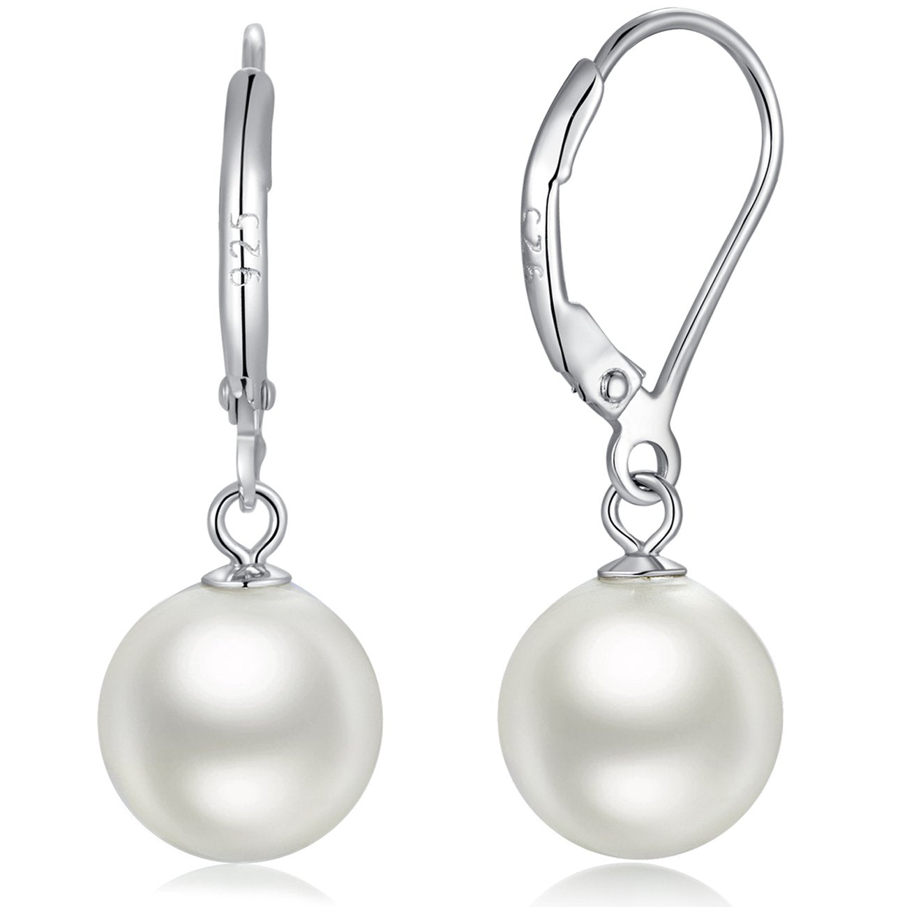 Han han Pearl Dangle Earring for Women 925 Sterling Silver Leverback Earrings 10MM