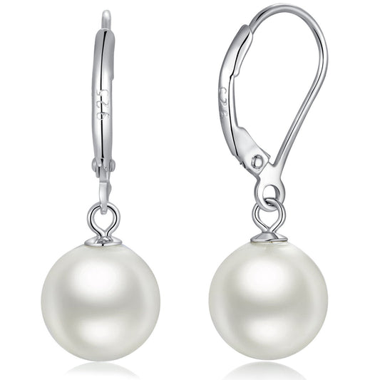 Han han Pearl Dangle Earring for Women 925 Sterling Silver Leverback Earrings 10MM