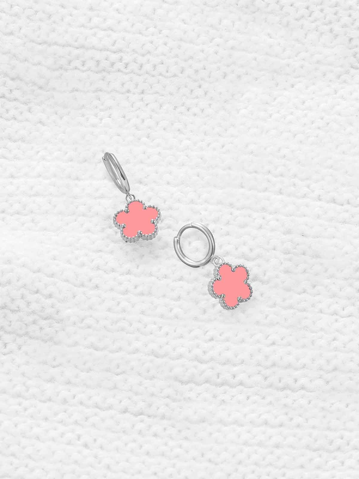 Gold Plated Five Leaf Clover Dangle Earrings for Women Lucky Flower Jewelry (Pink-White Gold Plated)