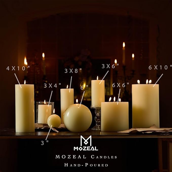 MOZEAL 3" x 6" Hand-Poured Unscented Candle,Dripless Pillar Candle Set of 3,Long Lasting Burning,Approx 120 Hours Burn Time,Rustic Country Style,for Wedding,Dinner,Christmas and Home Decor,Ivory