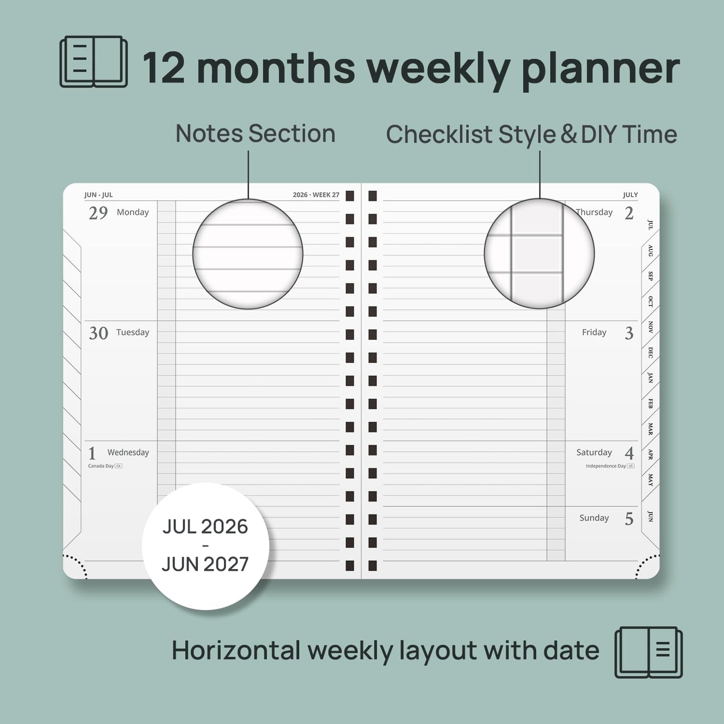 POPRUN 2026-2027 Academic Weekly Planner, 6.75" x 8.75" Horizontal Daily Book Calendar, July 2026 to June 2027, Softcover Appionment Book with Monthly Tabs, Spiral Bound, Inner-Pocket - Lavender