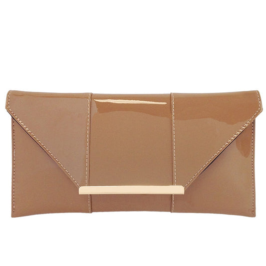 JNB Faux Patent Leather Envelope Clutch Purse for Women, Candy Evening Bag with Detachable Gold Chain Strap, Snap Closure, Zipper Pocket, Slim Formal Handbag, Taupe