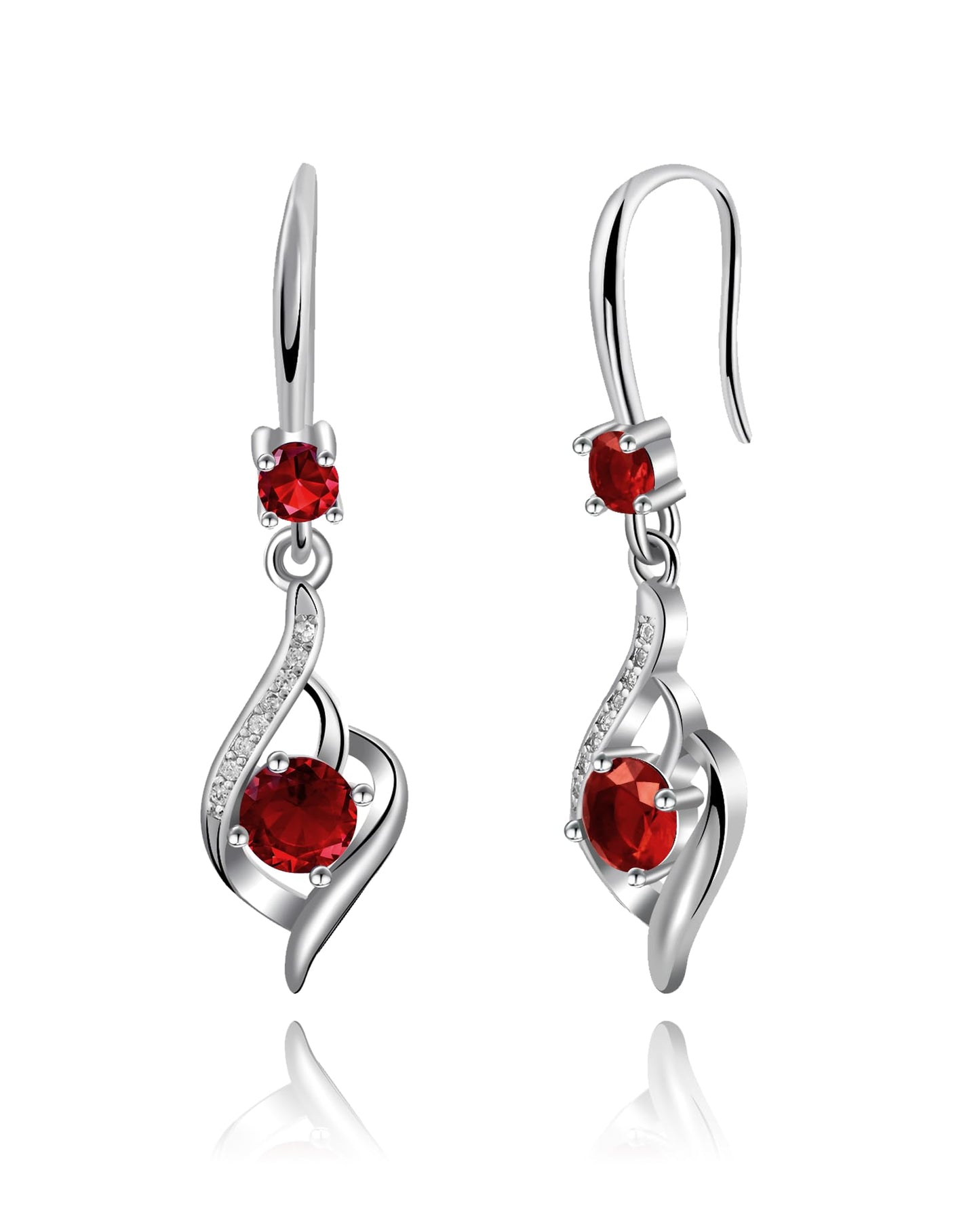 Heart Ruby Drop Dangle Earrings-925 Sterling Silver with Red Crystals-Long Birthstone Jewellery for Women