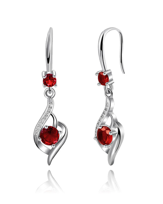 Heart Ruby Drop Dangle Earrings-925 Sterling Silver with Red Crystals-Long Birthstone Jewellery for Women