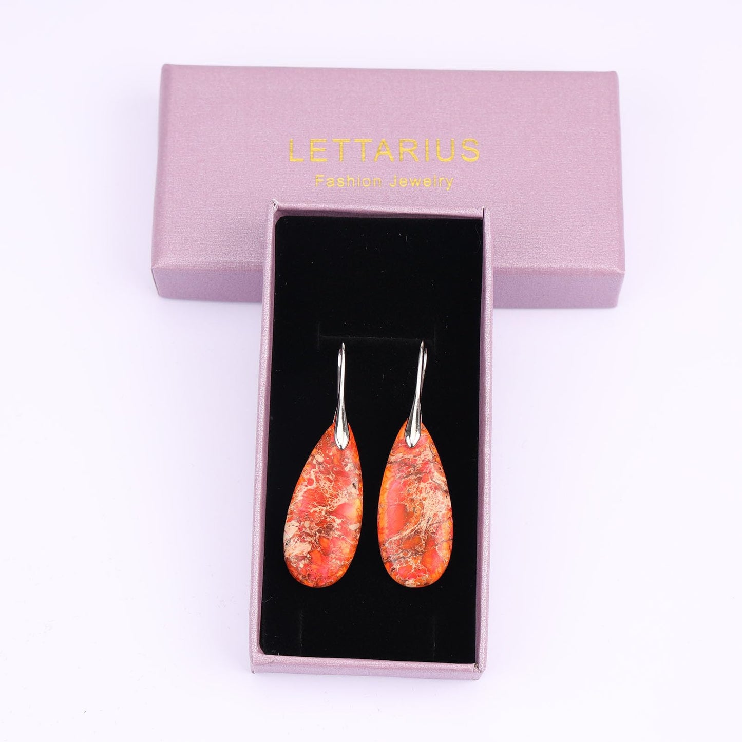 Lettarius Natural Crystal Healing Moon Stone Drop Earrings for Women Sea Sediment Rock Teardrop Birthstone Orange Quartz Dangle Silver Plated Jewelry