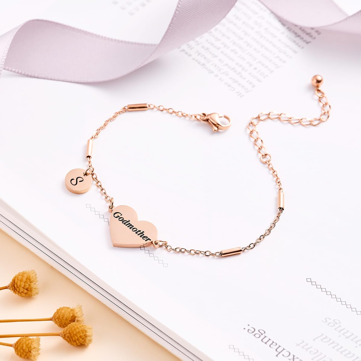 CHENVA Godmother Gifts Initial Bracelet Bangle for Women Gift for Godmother from Goddaughter (Godmother Bracelet-S-Rose Gold)