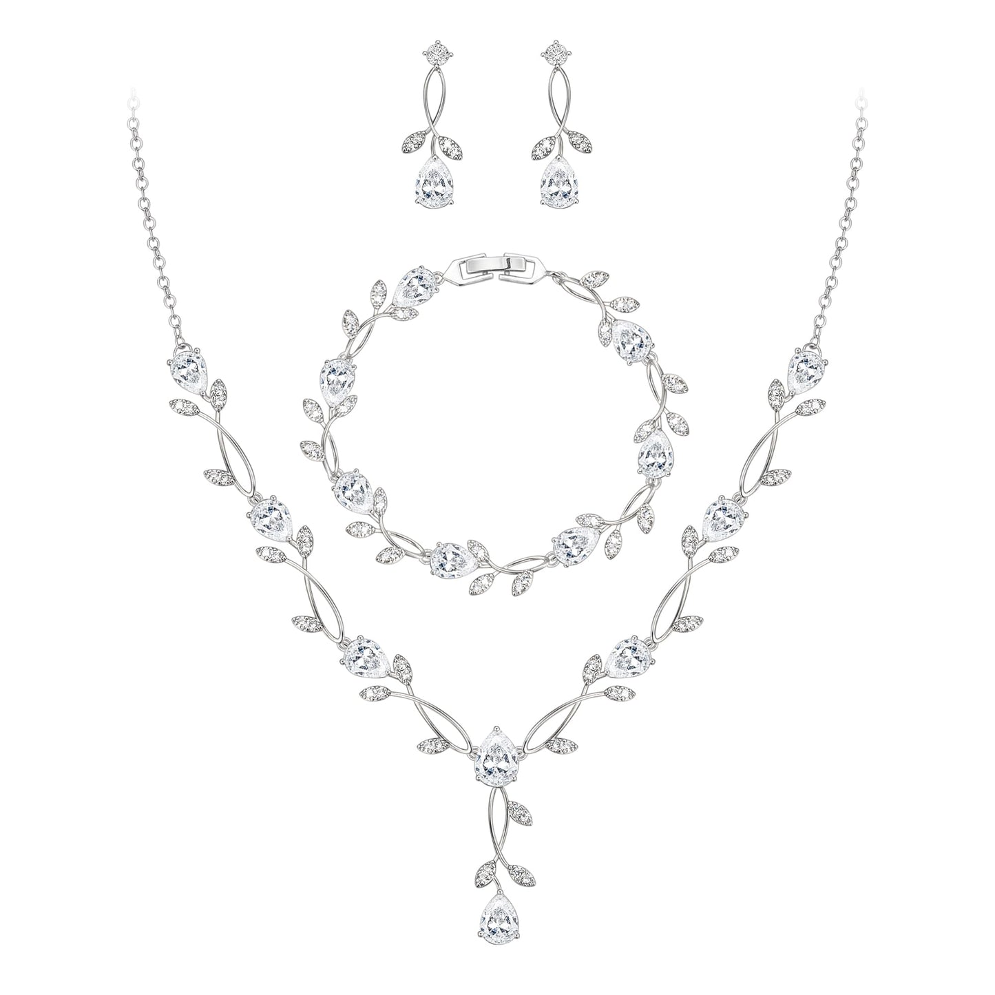 EVER FAITH Wedding Jewelry Set for Bride Bridesmaid, White-Gold-Plated-Brass Teardrop Cubic Zirconia Leaf Vine Bridal Prom Necklace Dangle Earrings Bracelet Sets for Women