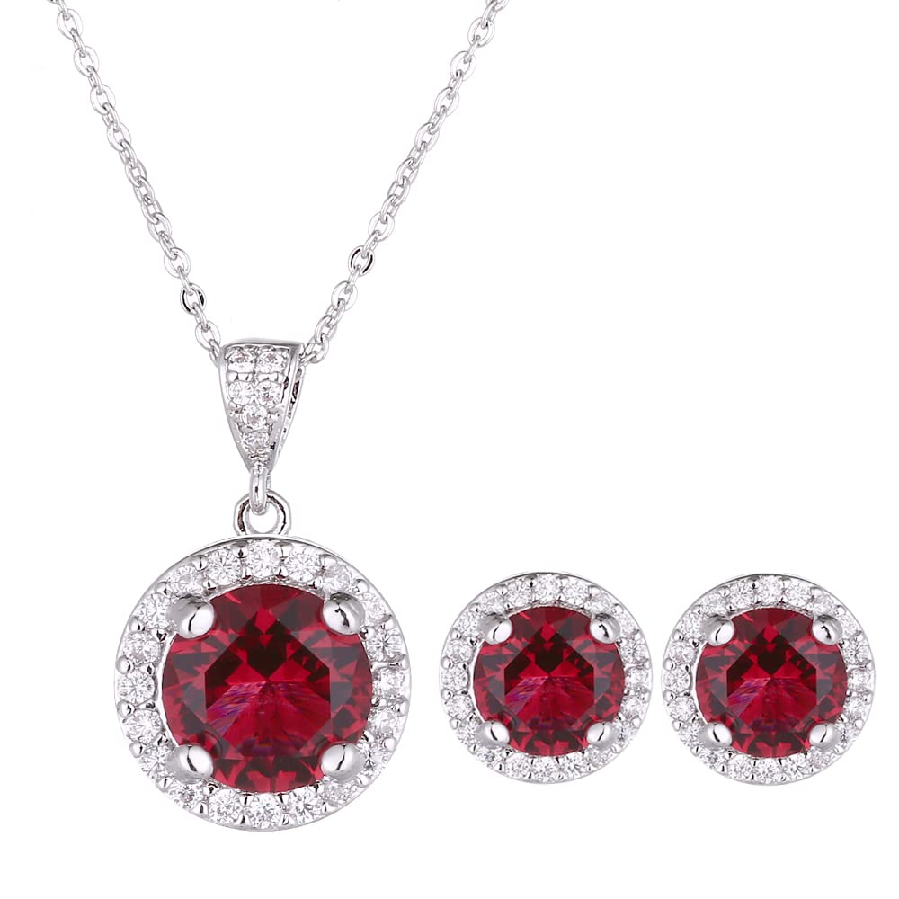 Crystal Jewelry Set for Women Elegant Sterling Silver Round Red Cubic Zirconia Rhinestone Necklace Halo Stud Earrings Set Wedding Party Ruby Birthstone Fashion Jewelry Set Birthday jewelry Accessories