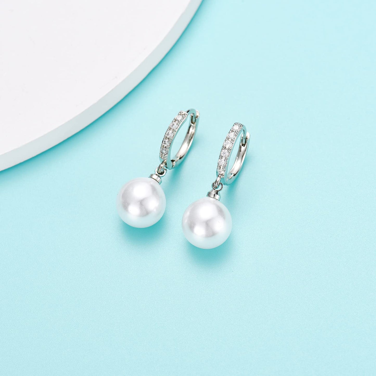 CERSLIMO Pearl Drop Earrings for Women | S925 Sterling Silver Post Simulated Shell Pearl Hoop Dangle Earrings, Hypoallergenic Cubic Zirconia Huggies Earrings Bridesmaid Jewelry