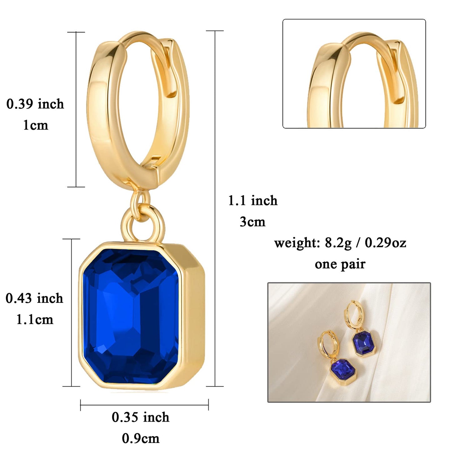 Birthstone Crystal Dangle Drop Earrings, 18K Gold Plated Huggie Hoop Hypoallergenic Earring Jewelry Gifts for Women (Royal Blue)