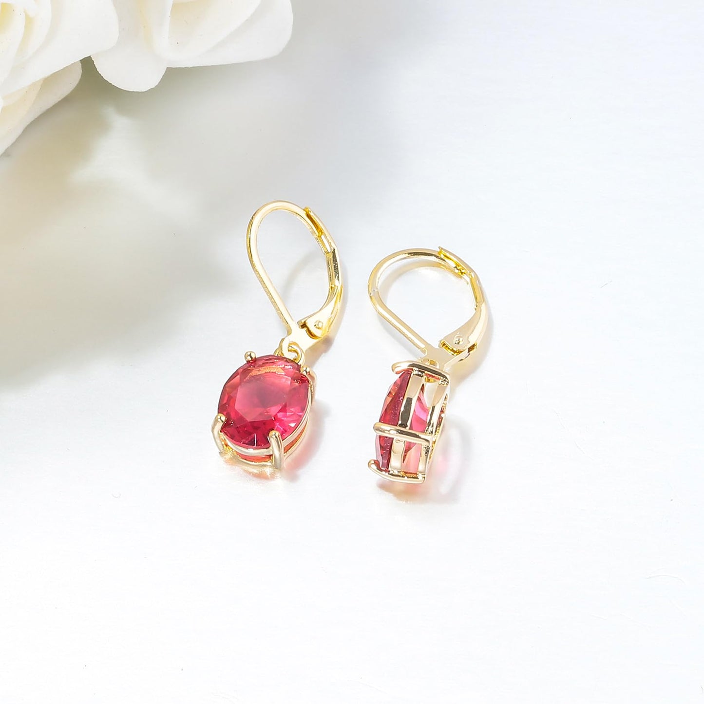 CiNily Cut-Oval Leverback Dangle Earrings for Women Red Cubic Zircon 14K Gold Plated Hypoallergenic Hanging Earrings Lightweight Summer Drop Earrings Party Wedding Birthday Gifts