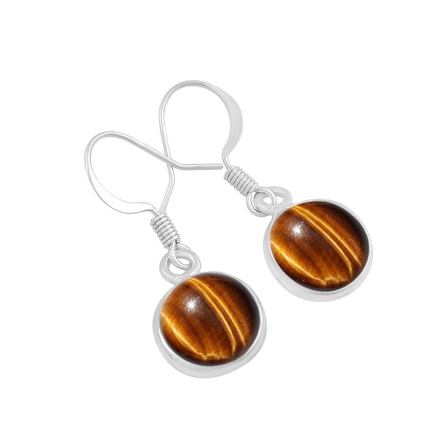 Natural Tiger Eye 925 Silver Plated Dangle Earrings for Women - Round Shape Brown Color Gemstone June Birthstone Handmade Jewelry Earrings - Women's Day Gift for Her
