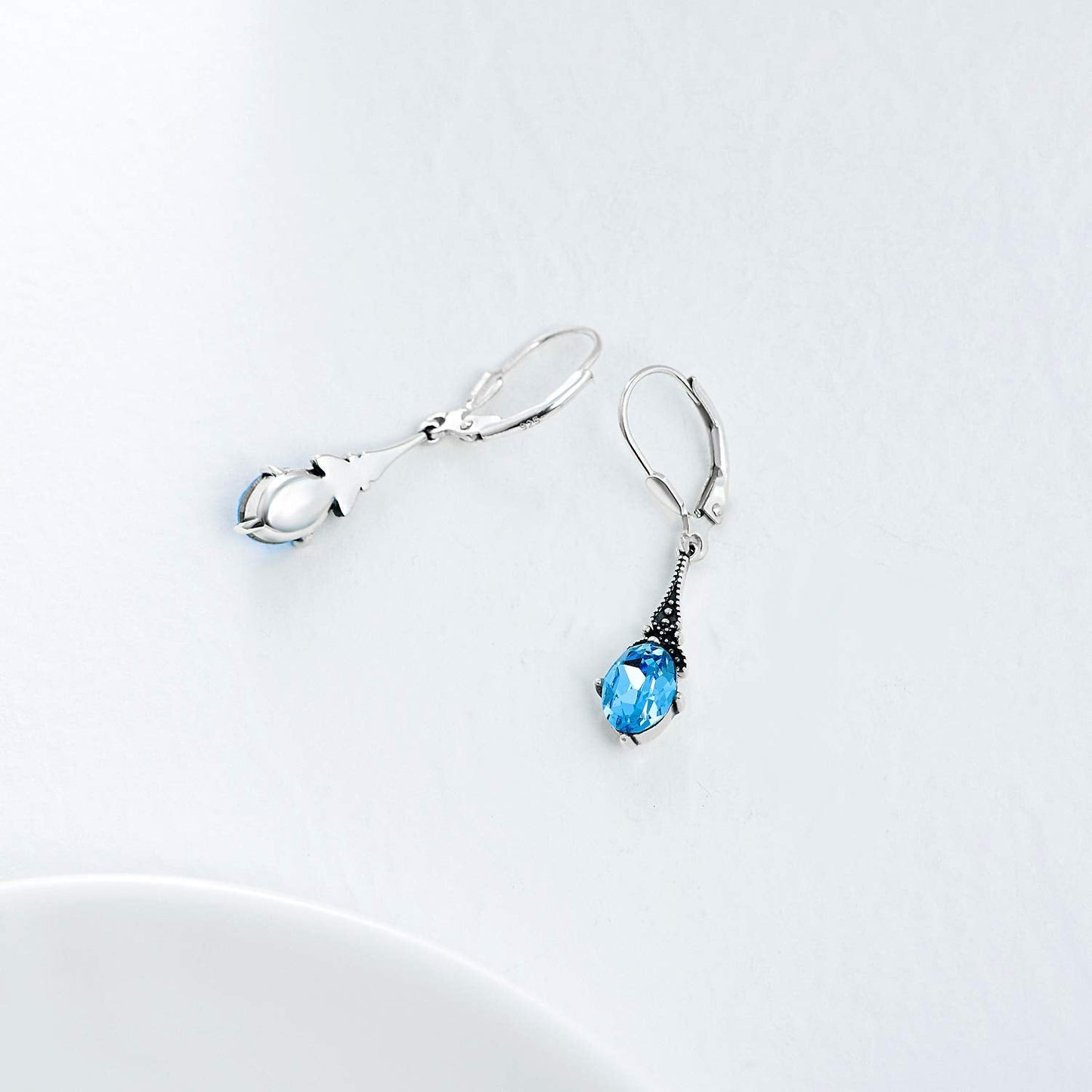 Leverback Drop Earrings Sterling Silver Retro Vintage Earrings with Oval Simulated Aquamarine, Crystal from Austria, Birthstone Earrings Gifts for Women