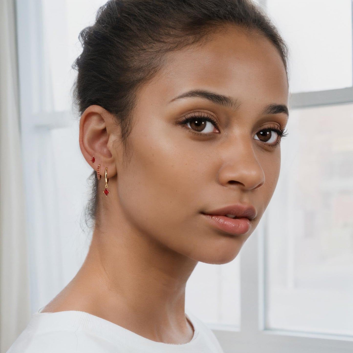 Gold Hoop Earrings Set for Women, Dainty 14K Gold Plated Red Earrings, Hypoallergenic Trendy Small Earring Stacks Multiple Piercing, Huggies Dangle Earring Red Jewelry for Women