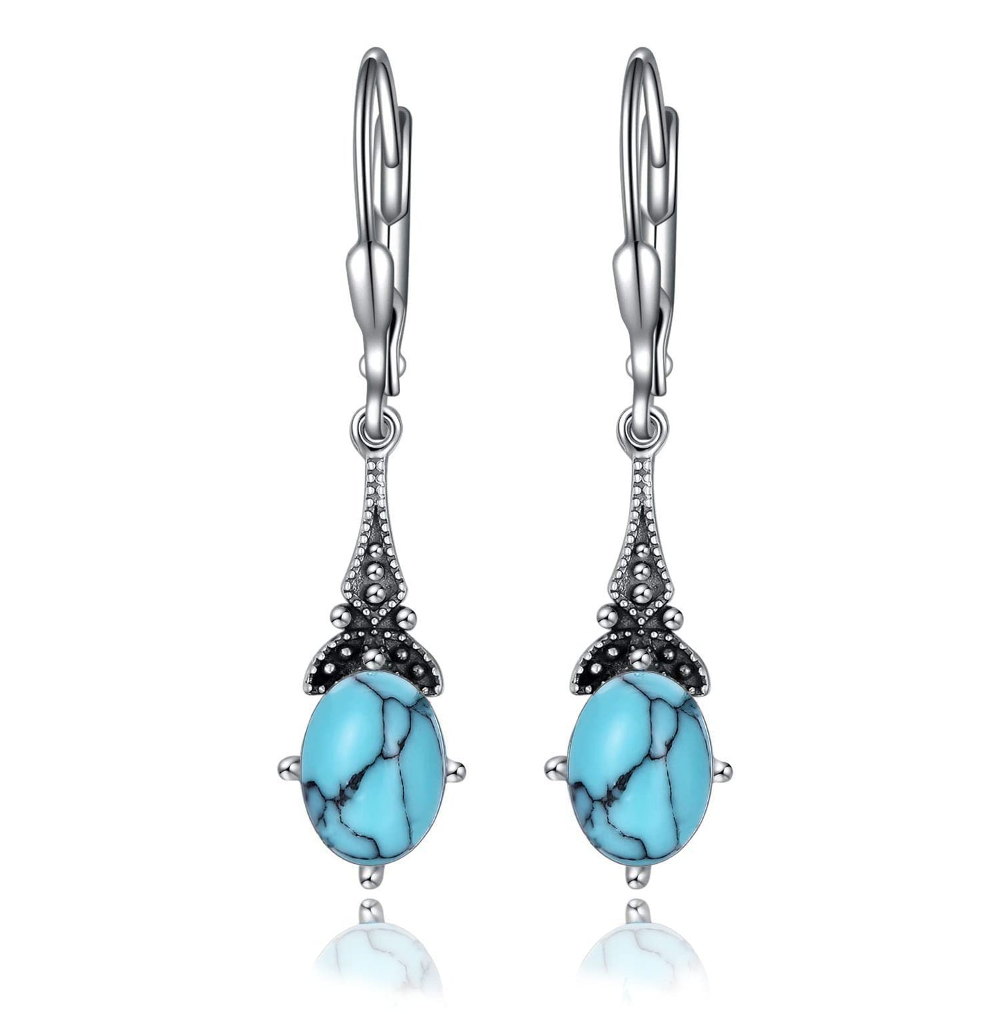 Turquoise Earrings for Women Sterling Silver Vintage Retro Dangle Drop Leverback Earrings with Oval Created Turquoise Blue, Jewelry Gifts for Women
