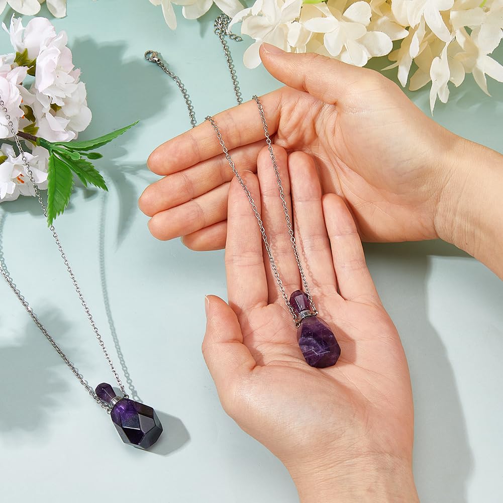 SUPERFINDINGS 2Pcs Perfume Bottle Necklace Essential Oil Diffuser Necklace Purple Natural Amethyst Perfume Bottle Pendant with 304 Stainless Steel Chain Gemstone Vial Pendant for Woman Men
