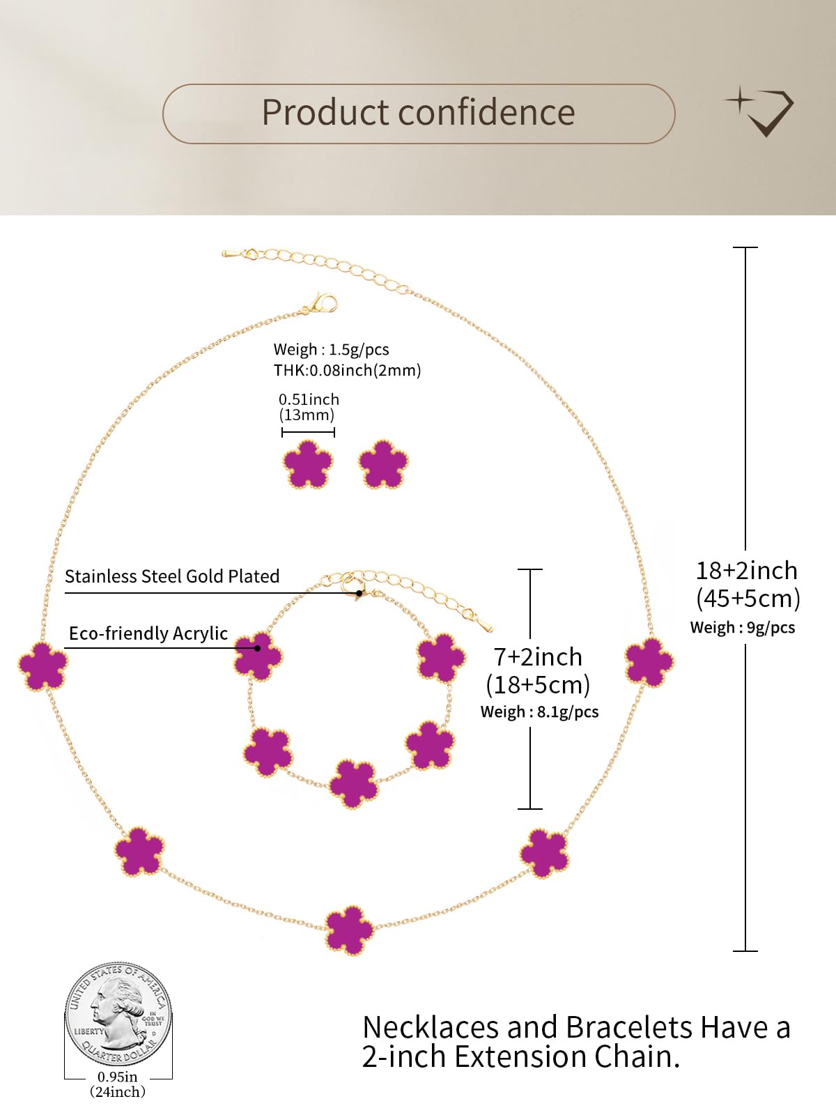 Qinpan Five Leaf Clover Necklace Bracelet and Stud Earrings Set for Women Lucky Flower Jewelry (Purple-14K Gold Plated)