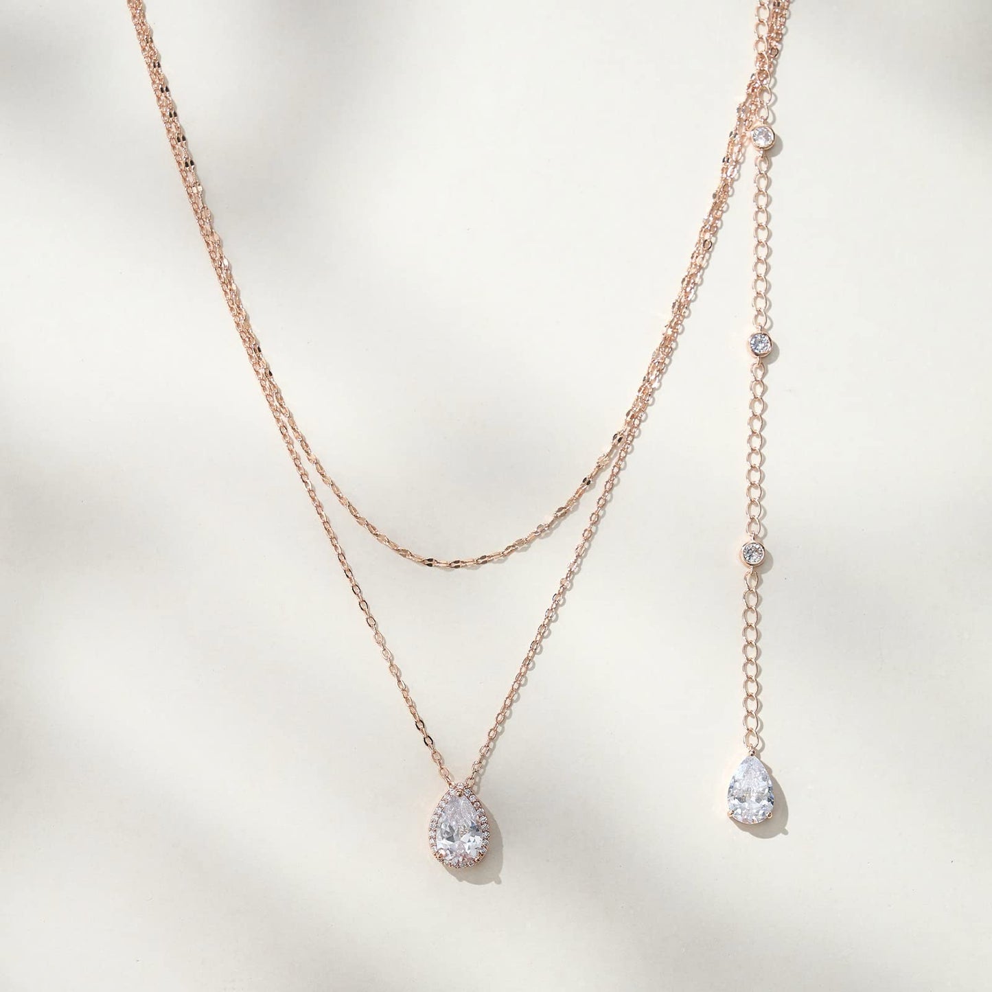 SWEETV Teardrop Wedding Back Necklace for Bride Bridesmaids, Rose Gold Cubic Zirconia Simple Back Pendant Bridal Necklace for Wedding Party
