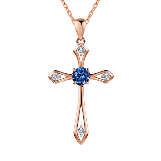 QUALISE Cross Necklace for Women,925 Sterling Silver Birthstone Necklace,Sapphire-Septermber Birthstone Cross Necklace,Faith Religious Fine Jewelry Valentines Day Gifts Birthday Holiday Gifts for Her