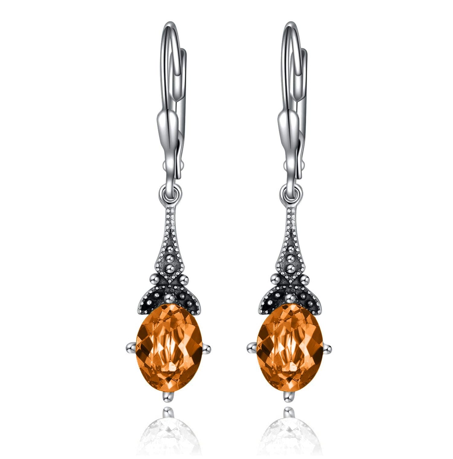 Orange Yellow Earrings for Women 925 Sterling Silver Vintage Dangle Drop Leverback Earrings with Oval Simulated Topaz November Birthstone Crystal