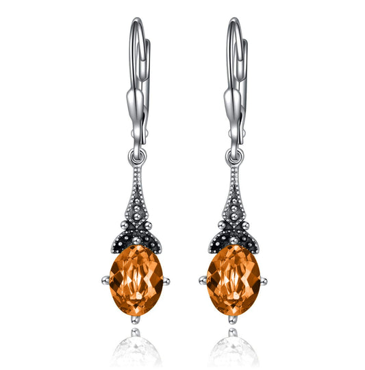 Orange Yellow Earrings for Women 925 Sterling Silver Vintage Dangle Drop Leverback Earrings with Oval Simulated Topaz November Birthstone Crystal