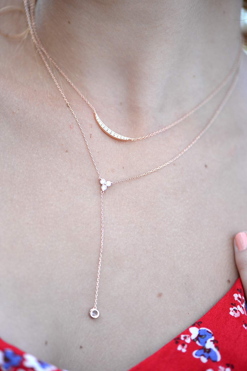 espere Womens Sterling Silver Dainty CZ Lariat Necklace Triple CZ Cluster Y-Shaped Necklace 18K Rose Gold Plated