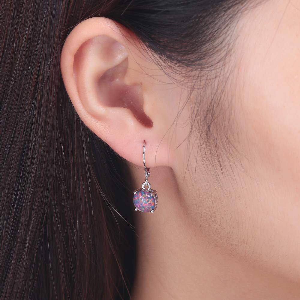 CiNily Black Opal Dangle Drop Earrings Leverback Round-Cut Gemstone Rhodium Plated Earrings for Women