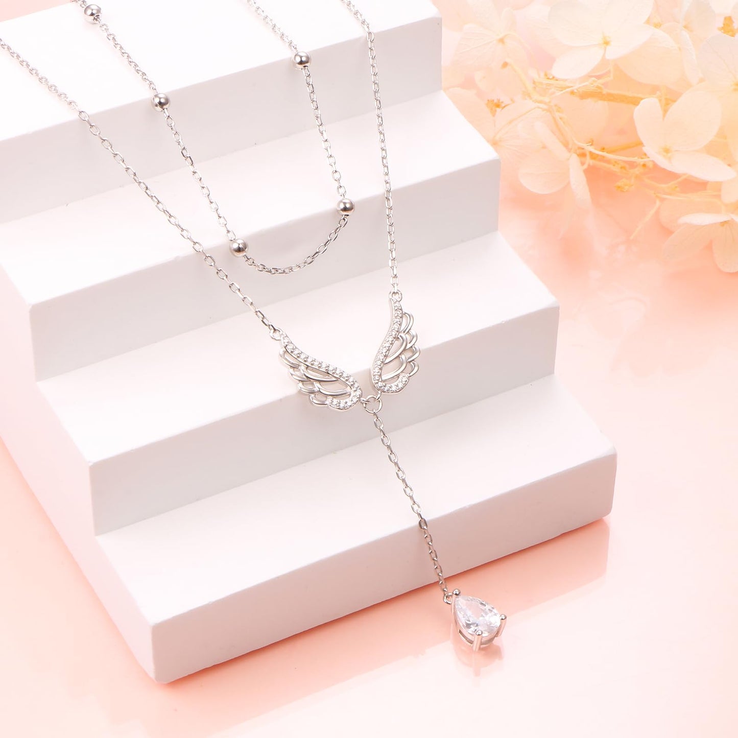 FLYOW Angel Wings Layer Necklace S925 Sterling Silver Double Layered Necklace Teardrop CZ Choker Y Lariat Long Necklace Birthday Mothers Day Gifts Sympathy Jewelry for Women