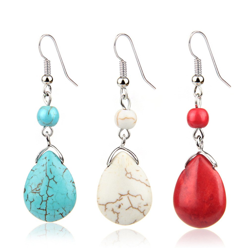 Double Lapis Lazuli Drop Earrings Natural Stone Round Bead Dangle Earrings for Women Fashion Jewelry Gift­ (F:red)