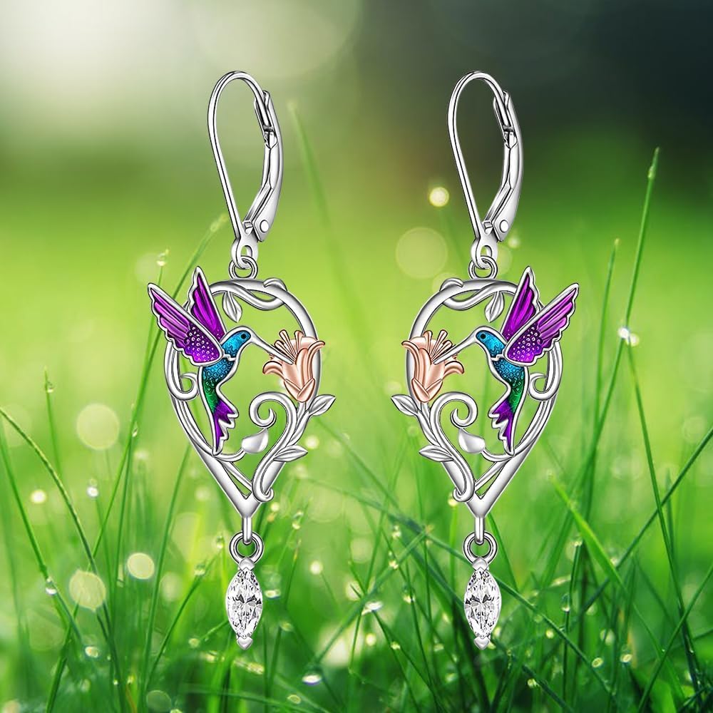 Hummingbird Earrings Purple Hummingbird Earrings for Women Sterling Silver Flower Teardrop Zircon Dangle Bird Jewelry Memorial Mothers Day Christmas Healing Gifts