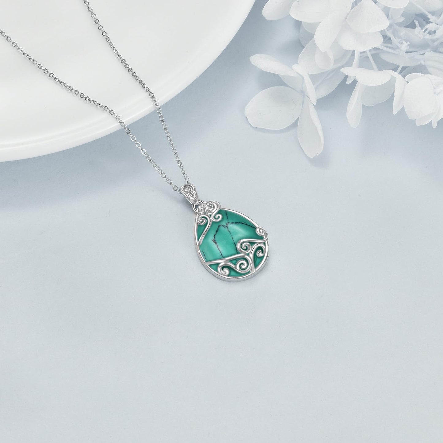 YAFEINI 925 Sterling Silver Turquoise Necklace Filigree Teardrop Pendant Necklace Turquoise Jewelry for Women (Q-Turquoise)