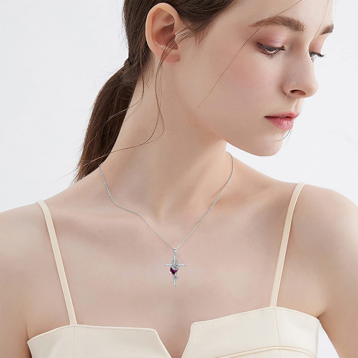 Flpruy Butterfly Cross Necklace 925 Sterling Silver for Women Forever in My Heart Crystal Butterfly Cross Necklace