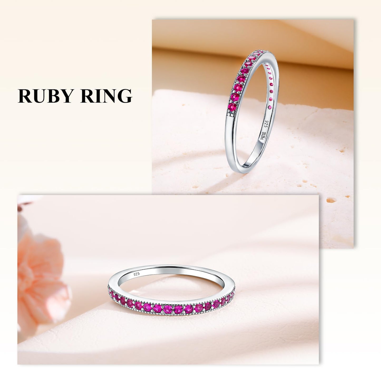 AGRULE Ruby Birthstone Ring 0.4 Cttw Half Eternity Band Rings 14k White Gold Plated Sterling Silver Bezel Set July Birthstone Wedding Bands 1.7mm Wide Anniversary Rings for Men Women, Size 7
