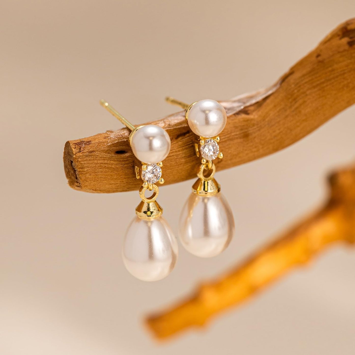 PRTGL Pearl Earrings - 14K Gold Plated Pearl Drop Wedding Earrings for Bridal Bridesmaid Women
