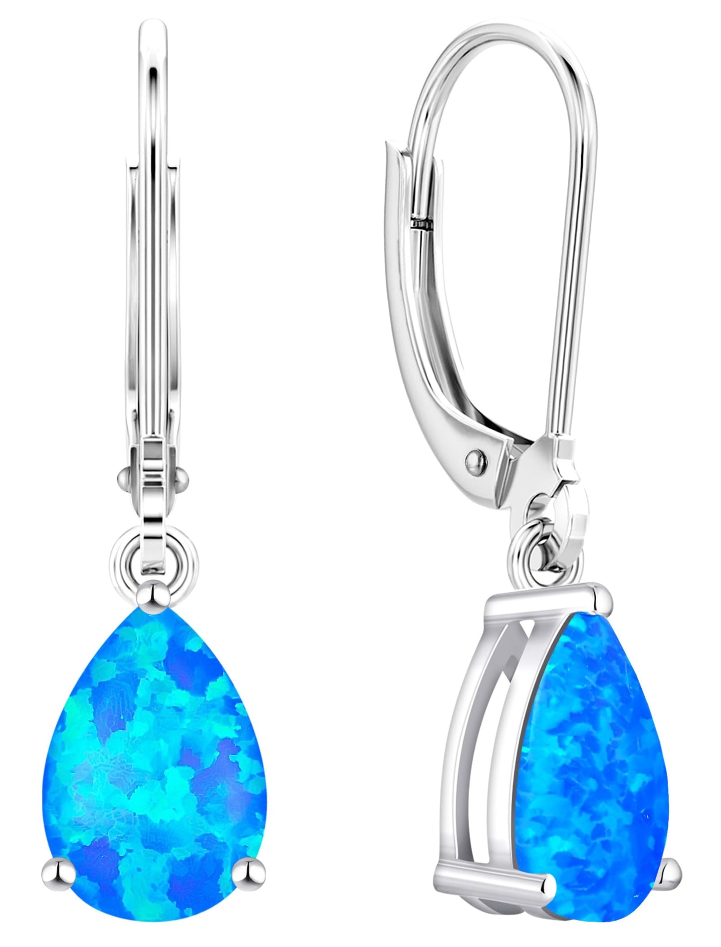 YL 925 Sterling Silver Teardrop Dangle Drop Earrings for Women 7x10 MM Solitaire Blue Created Opal Leverback Jewelry