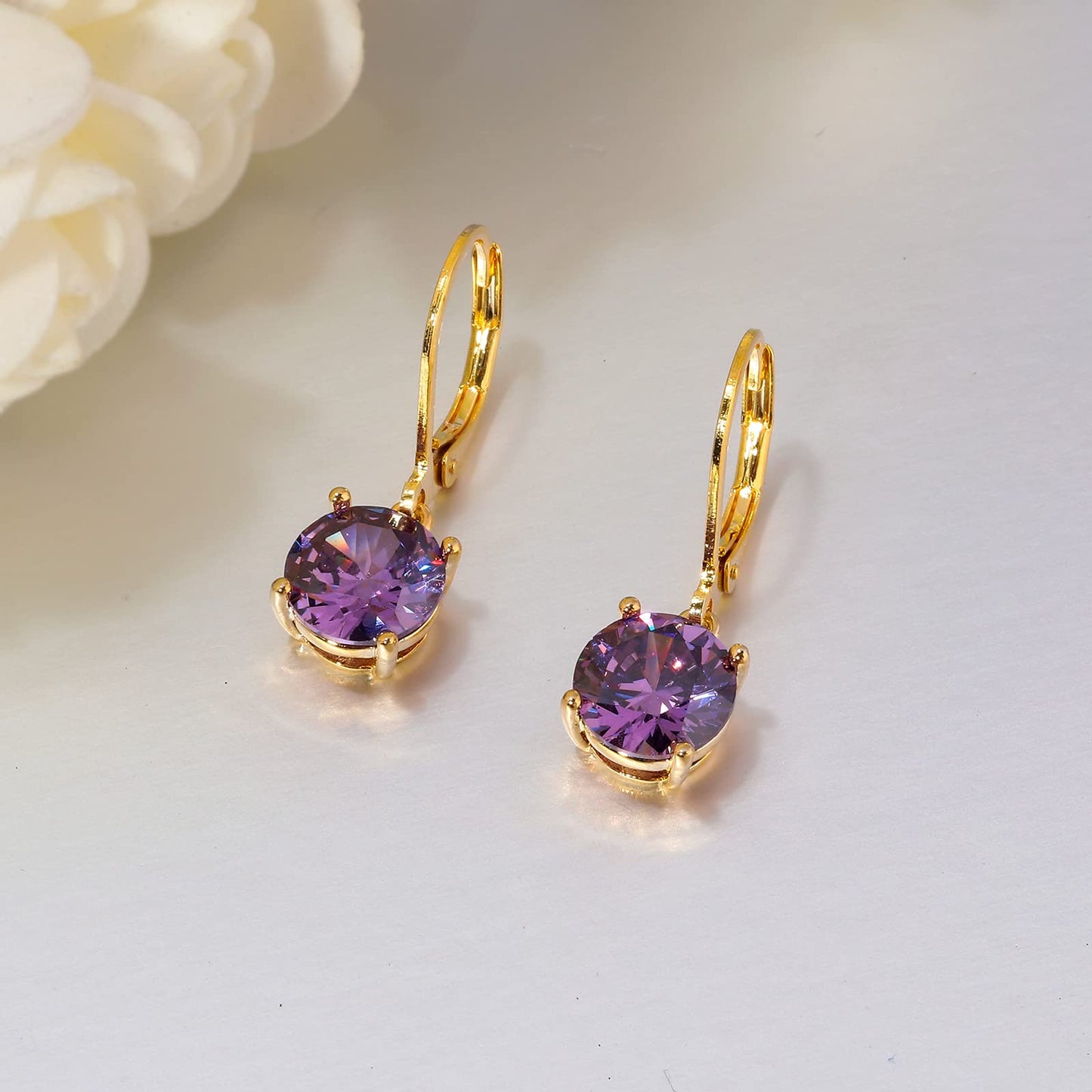 CiNily Leverback Dangle Earrings for Women Purple Cubic Zircon Pendant Earrings 14K Gold Plated Hypoallergenic Crystal Drop Earrings for Sensitive Ears Jewelry
