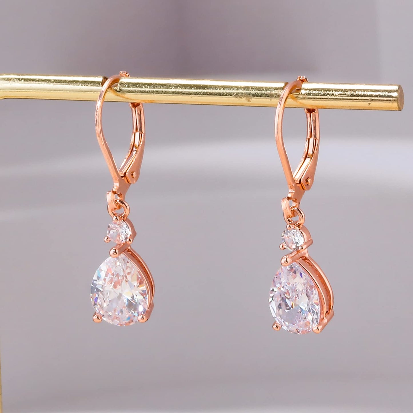 CiNily Leverback Dangle Earrings for Women 14K Rose Gold Plated Drop Earrings White Cubic Zircon Fashion Teardrop Hoop Earrings Hypoallergenic Jewelry for Her