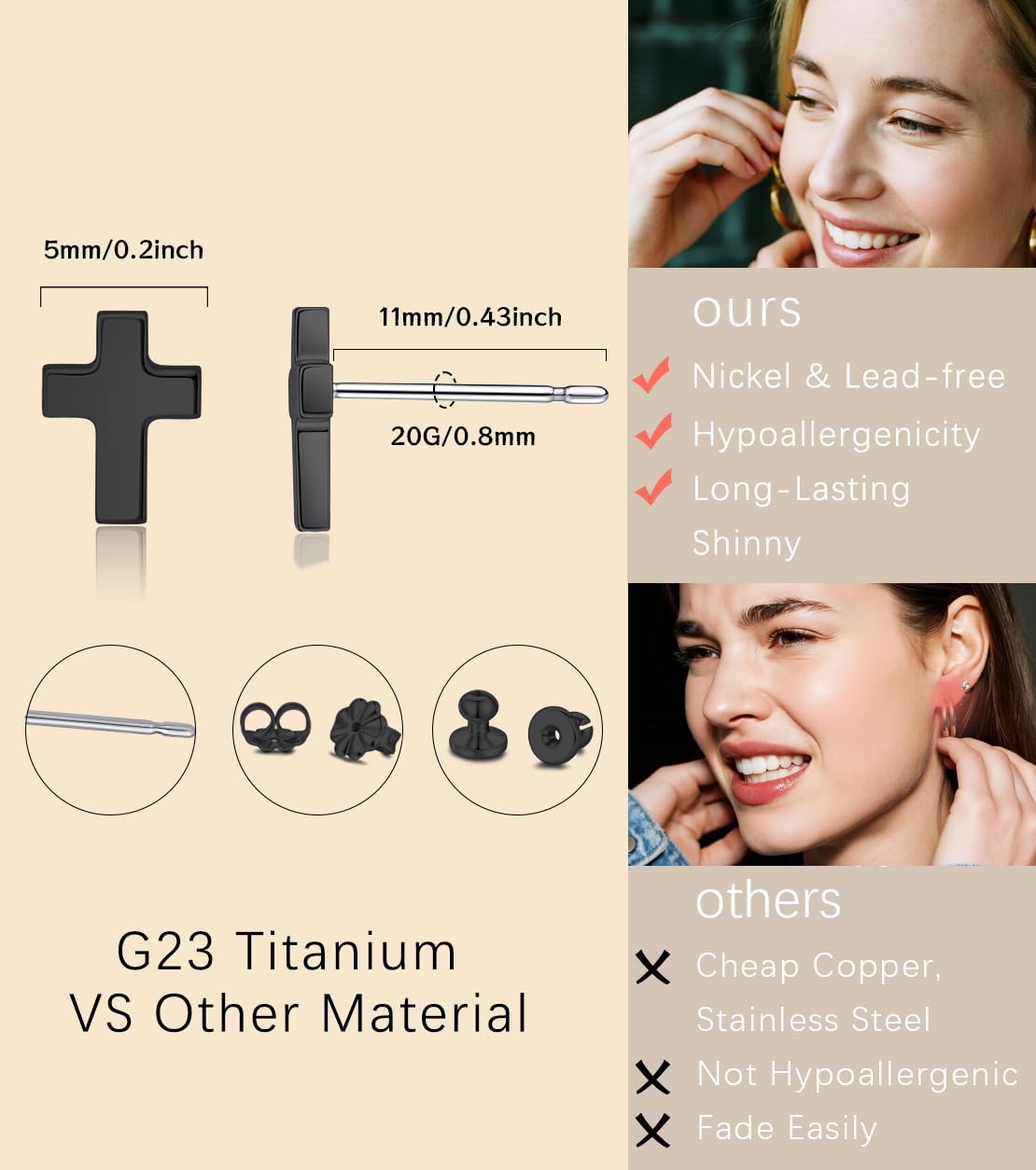 Limerencia Titanium Stud Earrings - Hypoallergenic Earrings for Women Men Sensitive Ears - Minimalist Jewelry Flatback Cross Bolt Cartilage Earrings,Gold Tone