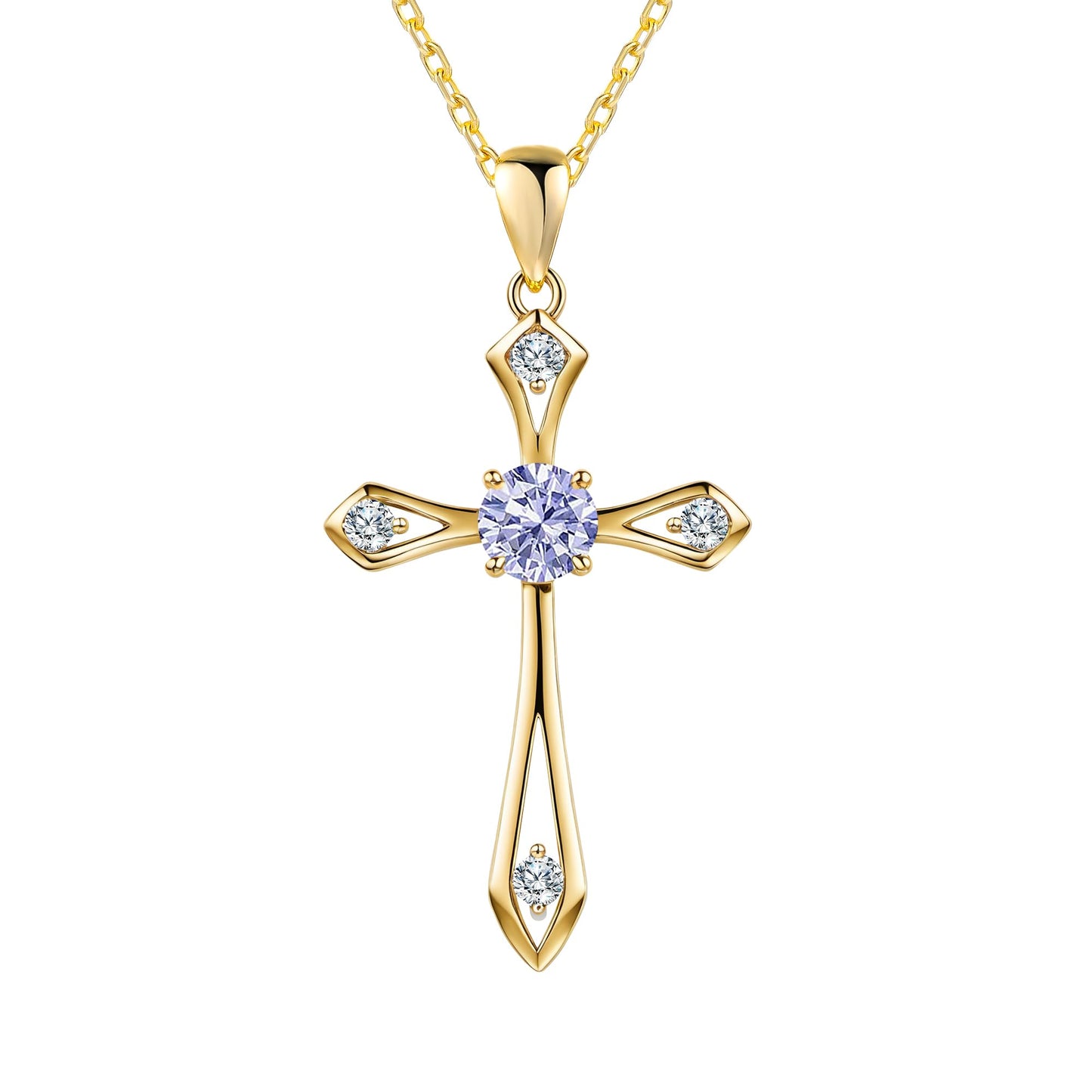 14K Gold Plated Solid Cross Necklace for Women,925 Sterling Silver Ladies Faith Cross Birthstone Pendant Christian Religious Confirmation Baptism Everyday Fine Jewelry Anniversary Birthday Gifts for Her