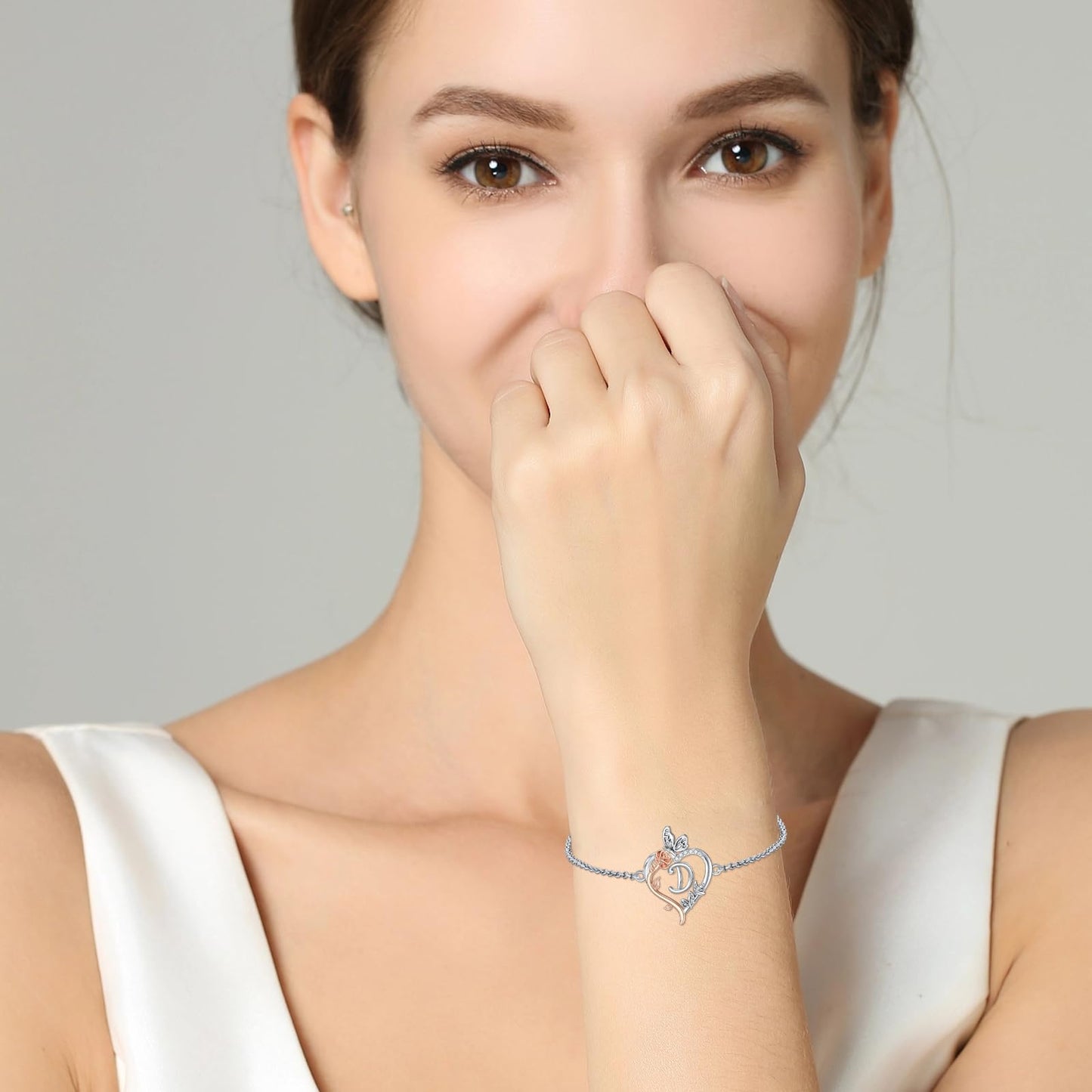 TOUPOP Rose Heart Bracelet for Women Sterling Silver Heart Initial D Letter Bracelet Butterfly Love Jewelry Anniversary Birthday Mothers Day Gifts for Mom Wife Her Girlfriend