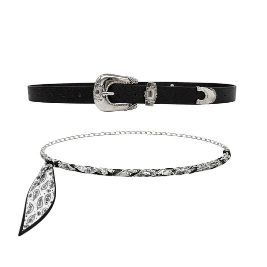 Women’s 2-Pack Belts – Faux Leather Skinny Jean Belt and Scarf Chain Belt – Stylish Waist Accessories for Everyday Wear (Black with B/W Scarf Belt, L/XL)