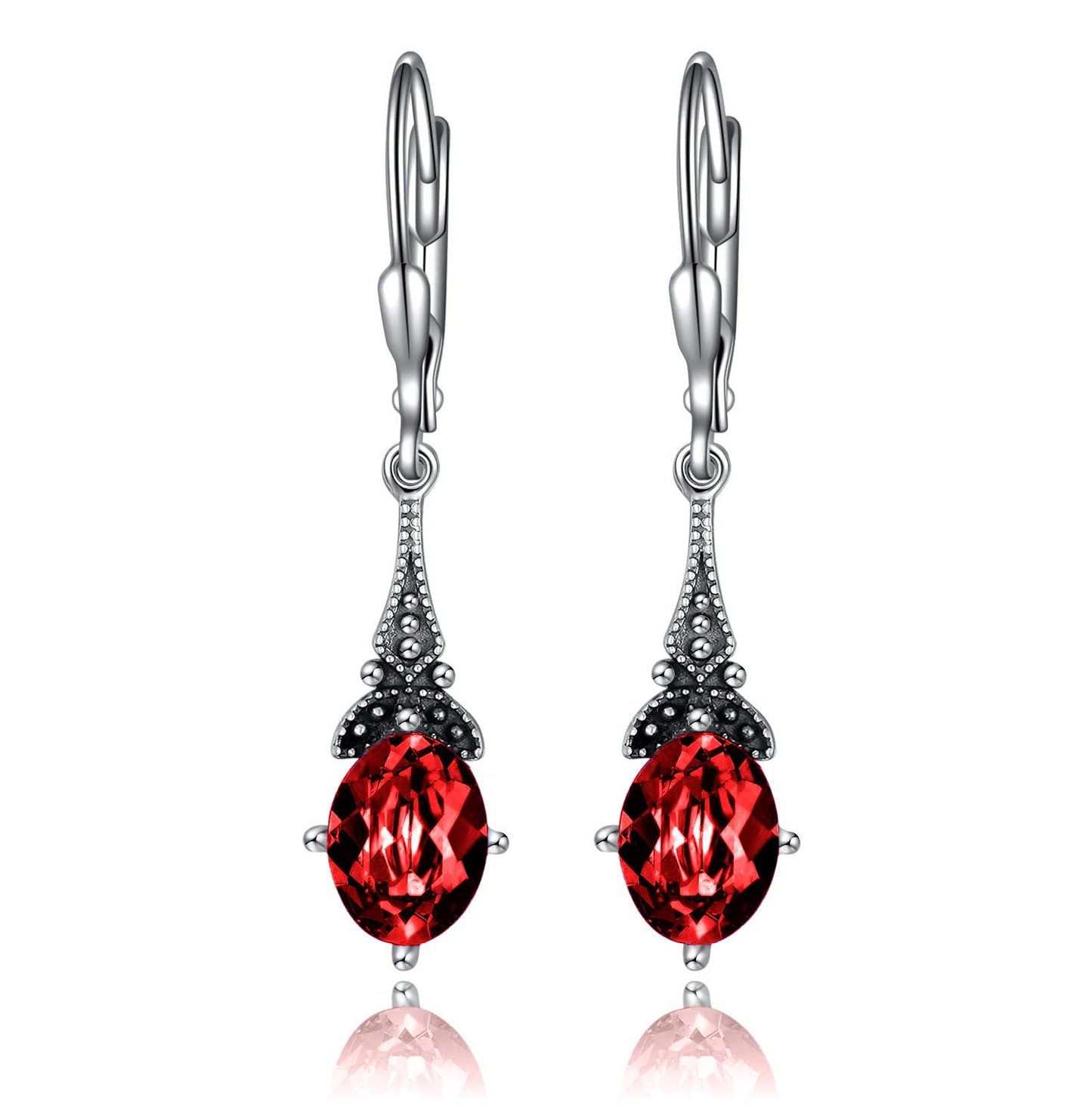 Vintage Leverback Ruby Earrings Sterling Silver Retro Drop Earrings with Oval Red Simulated Birthstone Crystal from Austria, Earrings Gifts Birthday Jewelry for Women